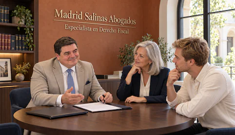 Juan Madrid Salinas, con traje beige, asesora a dos clientes en su despacho sobre los impuestos de una donación a un hijo.