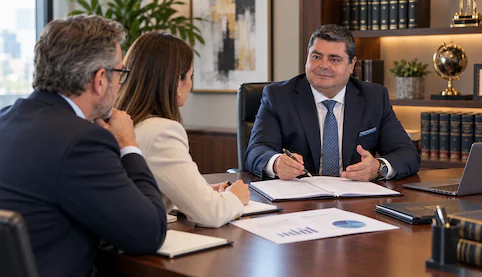 Abogado mercantil asesorando a empresarios ante una situación de crisis empresarial