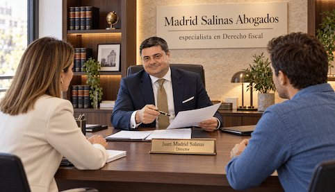 Juan Madrid Salinas, con traje azul marino, atiende a dos clientes en un despacho con rótulo de especialista en Derecho fiscal.