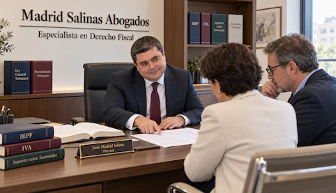 Juan Madrid Salinas revisando documentación tributaria con dos clientes en un despacho con libros de fiscalidad.