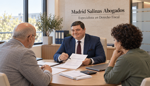 Juan Madrid Salinas asesora a dos clientes sobre una notificación de Hacienda en su despacho.