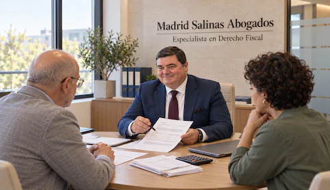 Juan Madrid Salinas asesora a dos clientes sobre una notificación de Hacienda en su despacho.