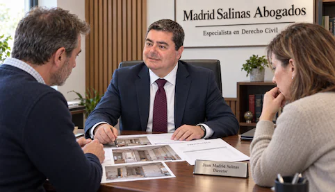Juan Madrid Salinas atendiendo a dos clientes que muestran fotografías y un presupuesto de una reforma abandonada.