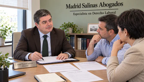 Juan Madrid Salinas asesorando a dos clientes mientras revisan una carta de despido, un contrato laboral y una reclamación económica.