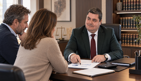 Recreación de Juan Madrid Salinas con traje, revisando documentación económica con dos clientes ficticios en un despacho.