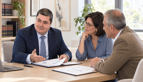 Recreación de Juan Madrid Salinas revisando documentación económica con dos clientes ficticios en un despacho.