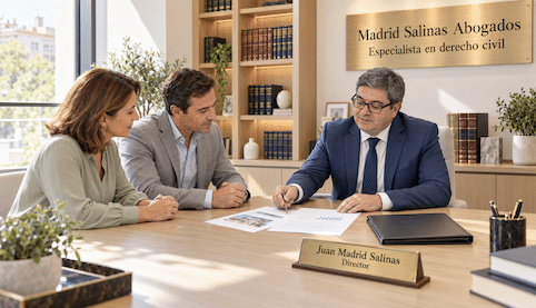 Juan Madrid Salinas asesora a dos clientes en su despacho sobre una posible reclamación judicial.